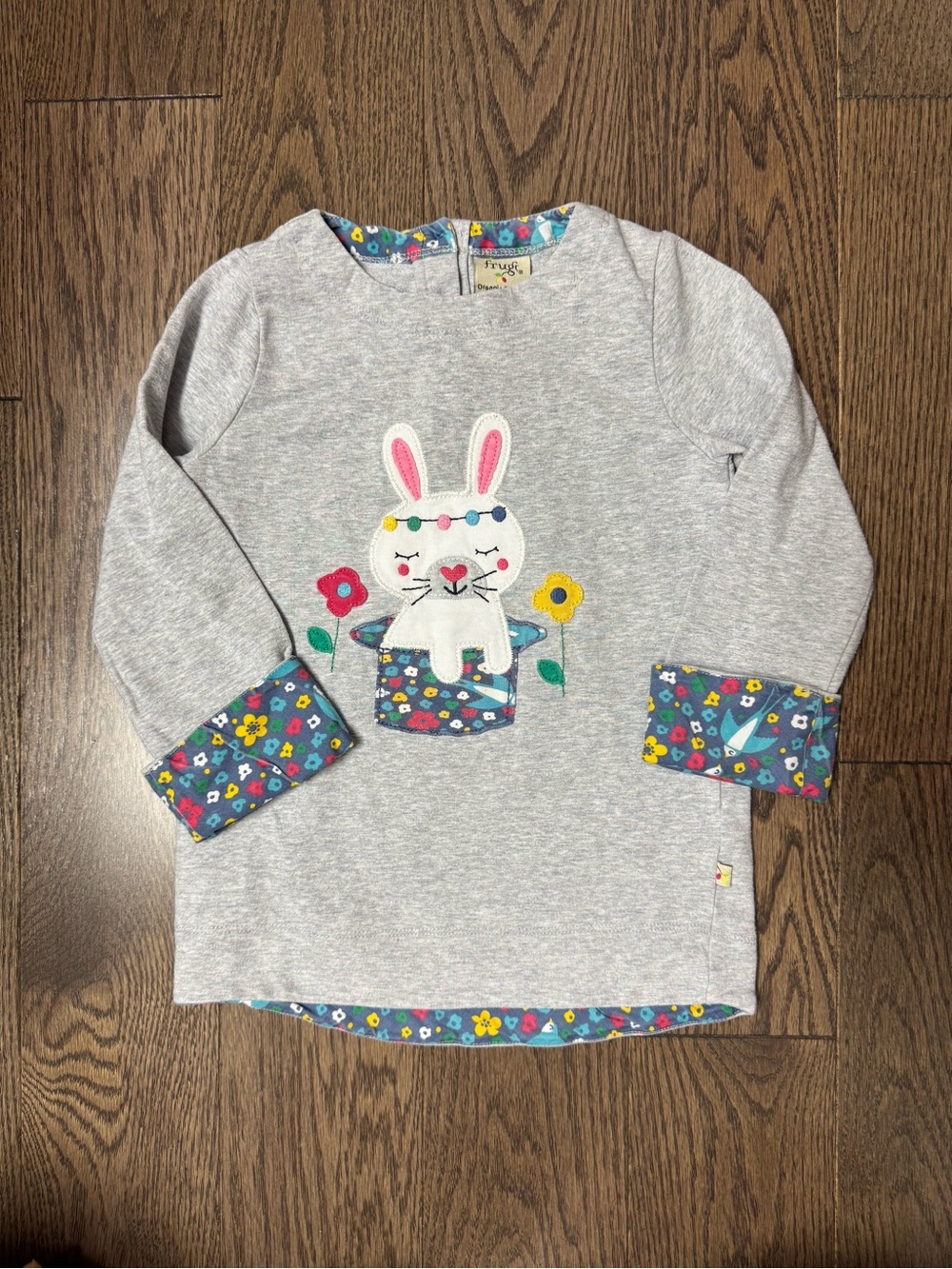 Gray Bunny Applique Long Sleeve Top with Floral Trim